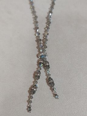 Gray Crystal Beaded Lariat Necklace with Rhinestone Accents
